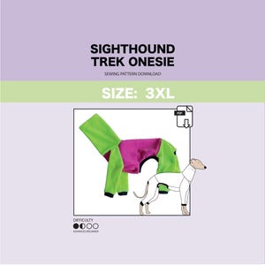 Puede incluir: Un patrón de costura para un Sighthound Trek Onesie en talla 3XL. El patrón es para principiantes avanzados y está disponible para descargar en PDF. La imagen muestra un onesie verde y rosa en un perro blanco.