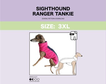 May include: A sewing pattern for a pink and black dog sweater, called the Sighthound Ranger Tankie, in size 3XL. The pattern is for an advanced beginner and includes a PDF download.