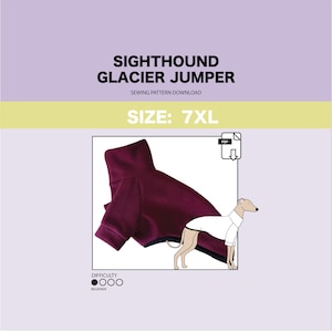 Può includere: Un cartamodello per un maglione per cani color borgogna, etichettato "Sighthound Glacier Jumper" e "Taglia: 7XL". Il cartamodello è per principianti nel cucito ed è disponibile per il download in PDF.