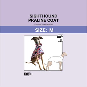 Könnte beinhalten: Ein Schnittmuster für einen Sighthound Praline Mantel in Größe M. Das Schnittmuster ist für einen Hundemantel mit Blumenmuster. Der Schwierigkeitsgrad ist mittel. Das Schnittmuster ist als PDF-Download verfügbar.