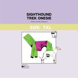 May include: A sewing pattern for a Sighthound Trek Onesie in size 7XL. The pattern is for an advanced beginner and is available as a PDF download. The image shows a green and pink onesie on a white dog.