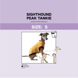 Pode incluir: Um padrão de costura para um Sighthound Peak Tankie no tamanho S. O padrão é um download PDF e é classificado como dificuldade iniciante. A imagem mostra um cão vestindo a roupa acabada.