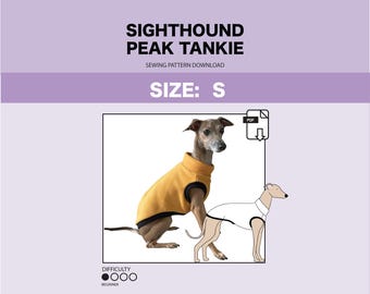 May include: A sewing pattern for a Sighthound Peak Tankie in size S. The pattern is a PDF download and is rated as beginner difficulty. The image shows a dog wearing the finished garment.