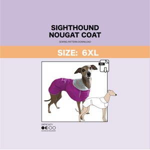 Pode incluir: Um padrão de costura para um casaco de cachorro roxo, etiquetado como "Sighthound Nougat Coat" e "Tamanho: 6XL". O padrão é para iniciantes avançados e está disponível para download em PDF.