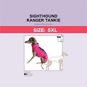 Puede incluir: Un patrón de costura para un chaleco de perro rosa y negro, etiquetado como "Sighthound Ranger Tankie" y "Talla: 5XL". El patrón es para principiantes avanzados e incluye una descarga PDF.