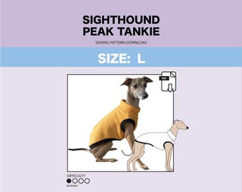 Puede incluir: Un patrón de costura para un tanque para perro, llamado "Sighthound Peak Tankie", en talla L. El patrón es para principiantes en costura y está disponible para descargar en PDF. La imagen muestra un perro usando el tanque y un dibujo de línea del patrón.