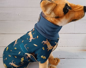 Hundemantel aus Softshell, Regenmantel "Dachshund" blau für Hunde, Hundekleidung wasserabweisend, 12 Größen, Wintermantel kleine+große Hunde