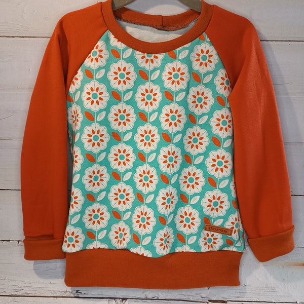 Pullover "Retro Blumen", rost/mint, Sommersweat, Pullover, Sweatshirt, Raglan-Shirt,  Größe 104 und 116