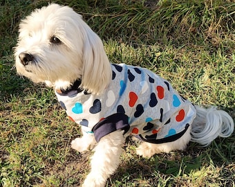 Hundepullover, Pullover für Hunde, Hundebekleidung, grau mit Herzen, Größe XXXS bis XXXL, grau/bunt, Chihuahua, Yorkshire, Malteser, Mops