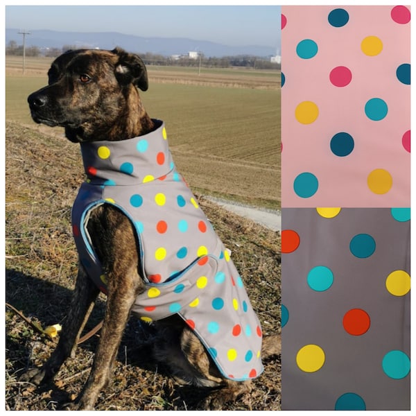 Hundemantel aus Softshell, Regenmantel "Punkte" für Hunde, Hundemantel grau oder rosa, wasserabweisend, 12 Größen, Wintermantel