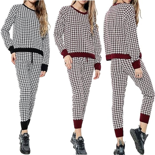 Ladies Dog Tooth Print Round Neck Jumper Set Womens Adjustable Drawstring Loungewear Tracksuit Check Hounds 2 Pcs Co Ord Set