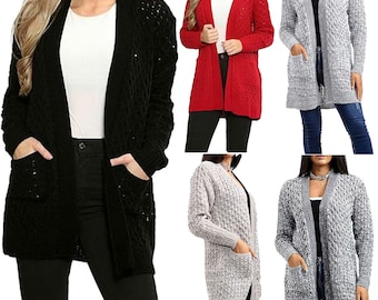 Womens Long Cardigans Marl Knit Boyfriend Cardigan with Pockets Ladies Long Sleeve Knitted Sweater Warm Winter Cardigan Top