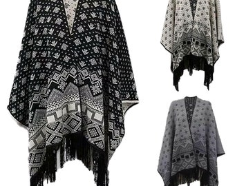 Womens Reversable Lorex and Fringe Cape Shawl Ladies Knitted Astec Print Bottom Poncho