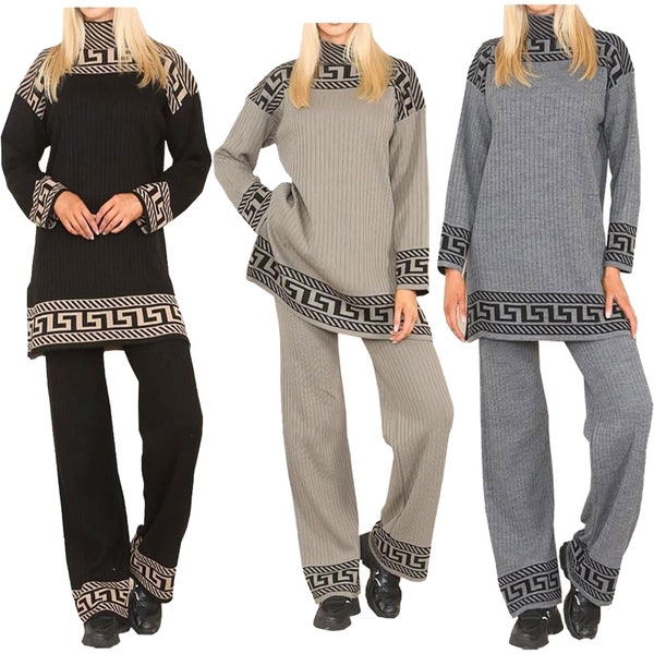Ladies Long Sleeve High Neck Geometric Print Jumper Trouser Set Womens Ribbed Knitted 2pcs Loungewear Tracksuit Fall Winter Co Ord Suit