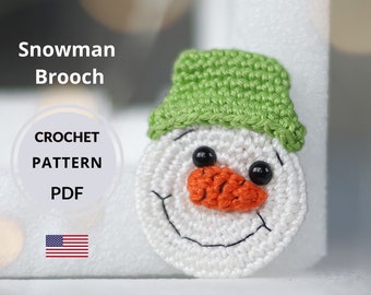 Crochet Christmas brooch PATTERN, lovely crochet gift pin, Amigurumi Snowman badge, instant digital PDF tutorial in ENGLISH