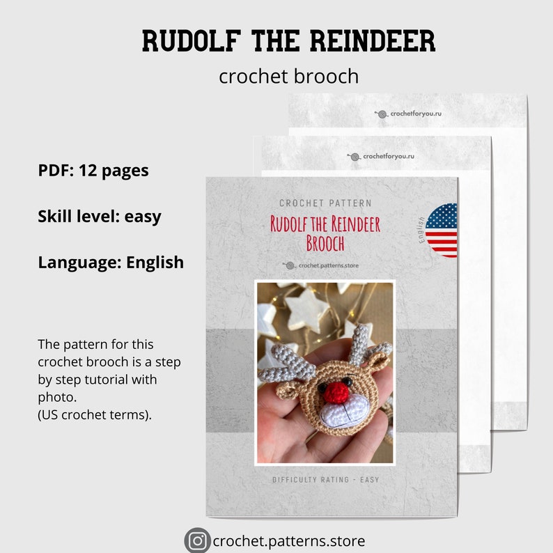 Crochet Christmas brooch PATTERN, Lovely crochet gift pin, Amigurumi Rudolf the Reindeer badge, Instant digital PDF tutorial in ENGLISH