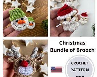 Christmas Brooches PATTERNS PDF, bundle of New Year crochet pin tutorials in English, Amigurumi Snowman, Santa Claus and Rudolf Reindeer