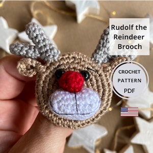 Crochet Christmas brooch PATTERN, Lovely crochet gift pin, Amigurumi Rudolf the Reindeer badge, Instant digital PDF tutorial in ENGLISH