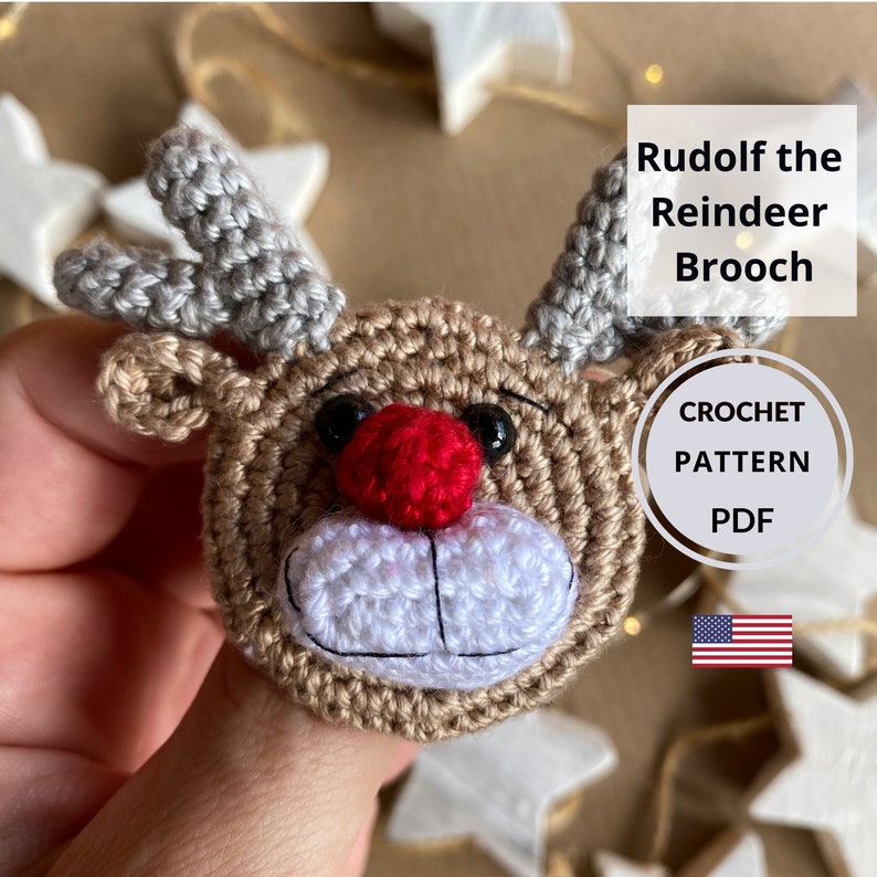 Crochet Christmas brooch PATTERN, Lovely crochet gift pin, Amigurumi Rudolf the Reindeer badge, Instant digital PDF tutorial in ENGLISH image 1