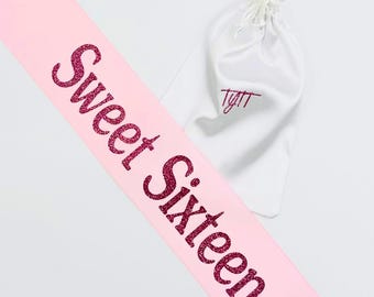 Custom Sweet Sixteen Sash: 16th Birthday Party, Polyester Satin