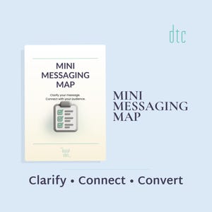 May include: A white card titled "MINI MESSAGING MAP" with the text "Clarify your message. Connect with your audience." A checklist graphic is below the text. The words "Clarify • Connect • Convert" are at the bottom.