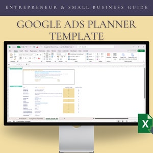 Puede incluir: Una pantalla de ordenador que muestra una plantilla de planificador de Google Ads en un programa de hoja de cálculo. La plantilla incluye columnas para palabras clave, texto del anuncio, páginas de destino y otra información importante para crear campañas de Google Ads efectivas.