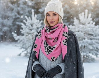 Dreieckschal mit Wolle Herzen Leo-Print Damenschal, kuschelig weicher warmer Damen Wollschal,  Stola Schultertuch Halstuch, Geschenk für Sie