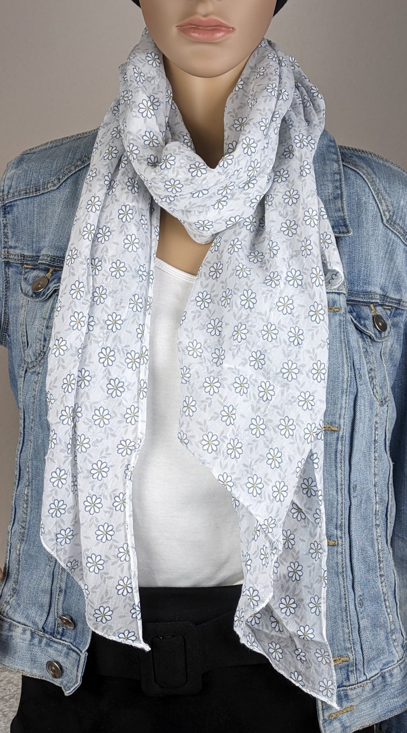 Katoen-zijde sjaals, bloemmotief, zacht, luchtig, asymmetrische uiteinden, effen kleur, dunne sjaal, damessjaal, lente-herfst, Pasen weiß