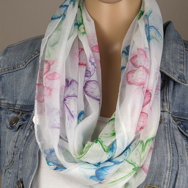 Loop scarf women's butterflies-viscose silk-tube scarf-round scarf-light and airy-spring scarf-gift for her-birthday-Mother's Day