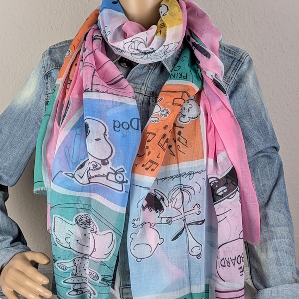 Snoppy Scarf, Viscose-Silk Women's Neck Scarf, Comic Scarf, Cartoon, Pastel Tones, Trendy Scarf, Lightweight Thin Neck Scarf, Gift for Her