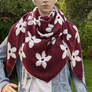 Triangular scarf with wool flowers ladies scarf, cuddly soft warm ladies wool scarf, reversible scarf stole shoulder scarf neckerchief, gift for her