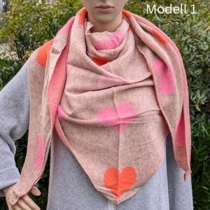Triangular scarf with hearts, women&#39;s scarf with wool, cuddly soft women&#39;s wool scarf, scarf with wool content, triangular scarf, gift for her