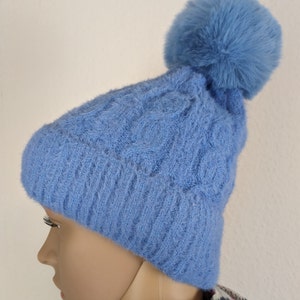 Women's knitted hat with faux fur bobblelined winter hatbeanie wool hatfaux fur linedbobble hatgift for her Jeansblau