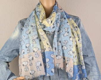 Snoppy Schal, Viskose-Seide Damen Halstuch, Comic Schal, Cartoon, pastell Töne, trendiger Schal, leichtes dünnes Halstuch, Geschenk für Sie