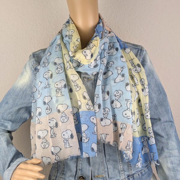Snoppy sjaal, dames neksjaal van viscose en zijde, stripfiguur sjaal, cartoon, pasteltinten, trendy sjaal, lichtgewicht dunne neksjaal, cadeau voor haar