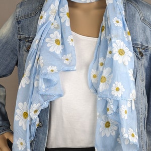 Cotton-silk scarves, floral pattern, soft, airy, asymmetrical ends, plain color, thin scarf, women's scarf, spring-autumn, Easter hellblau
