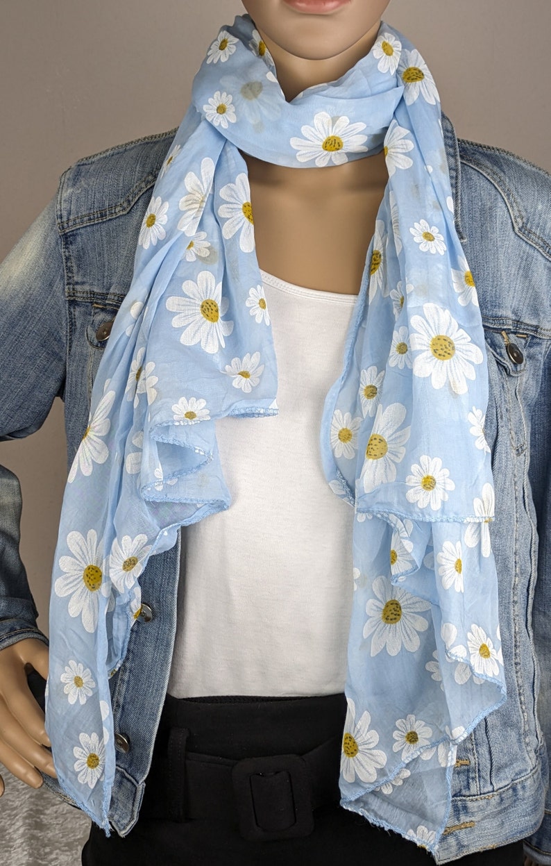 Cotton-silk scarves, floral pattern, soft, airy, asymmetrical ends, plain color, thin scarf, women's scarf, spring-autumn, Easter hellblau