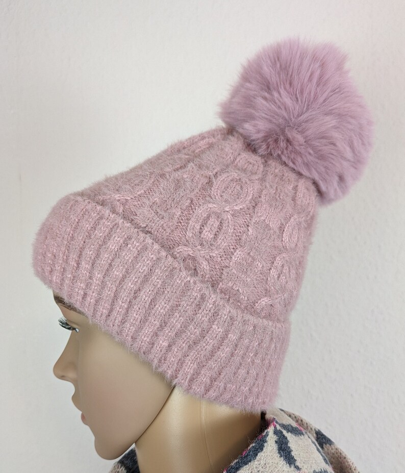 Women's knitted hat with faux fur bobblelined winter hatbeanie wool hatfaux fur linedbobble hatgift for her Altrosa