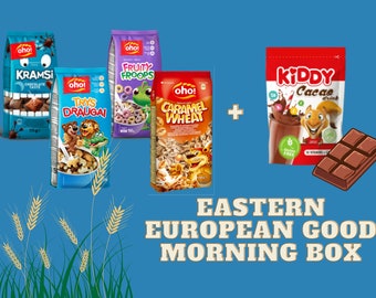 Breakfast snacks gift box - cereals, cocoa drink, lithuanian sweets, morning bundle, sweet flavors, gift for kids