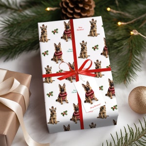 German Shepherd Christmas wrapping paper and gift tag set