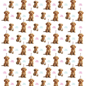 May include: A repeating pattern featuring brown dogs wearing party hats, cupcakes, and the text "Happy Birthday!" in pink and teal. The dogs are in different poses, creating a celebratory design.