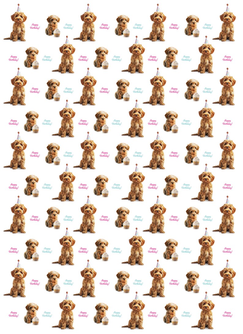 May include: A repeating pattern featuring brown dogs wearing party hats, cupcakes, and the text "Happy Birthday!" in pink and teal. The dogs are in different poses, creating a celebratory design.