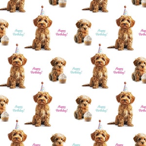 May include: A repeating pattern of brown puppies wearing party hats and cupcakes, with the words "Happy Birthday!" in teal and pink. A celebratory design, perfect for birthday-themed products or decorations.