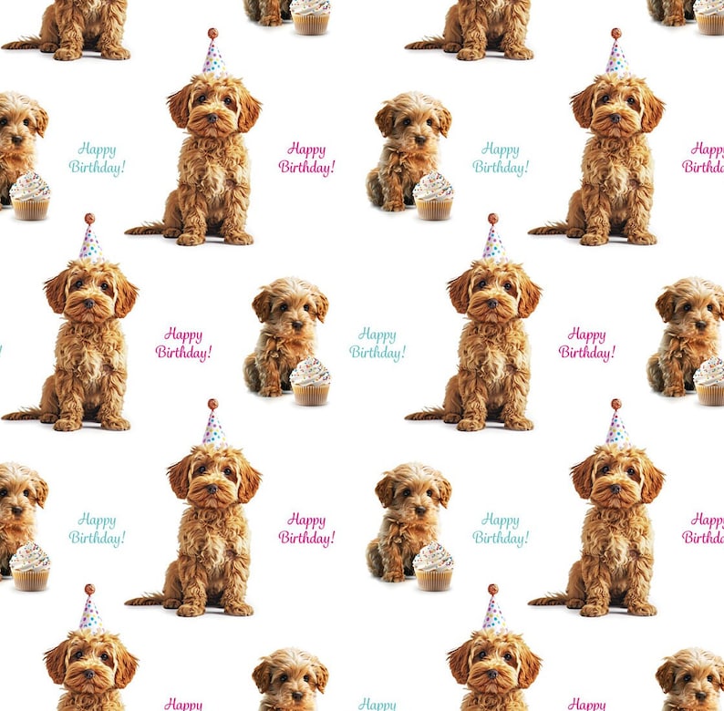 May include: A repeating pattern of brown puppies wearing party hats and cupcakes, with the words "Happy Birthday!" in teal and pink. A celebratory design, perfect for birthday-themed products or decorations.