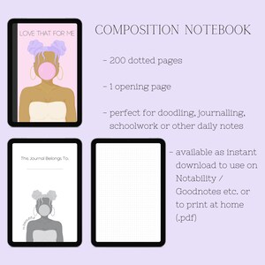 Puede incluir: Un cuaderno de composición digital con 200 páginas de puntos y una página de apertura. El cuaderno está disponible como descarga instantánea para usar en aplicaciones como Notability o Goodnotes, o para imprimir en casa como PDF. La portada presenta una ilustración de dibujos animados de una persona con cabello morado y una burbuja rosa.