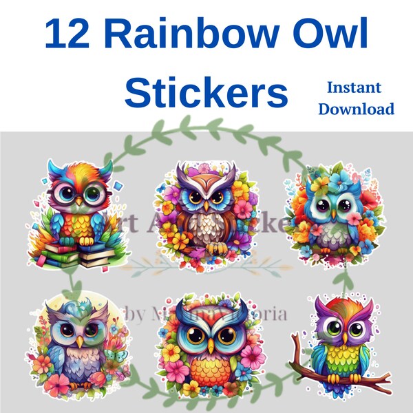 12 Cute Rainbow Owl Digital Stickers, Instant Download, Digital Stickers Bundle