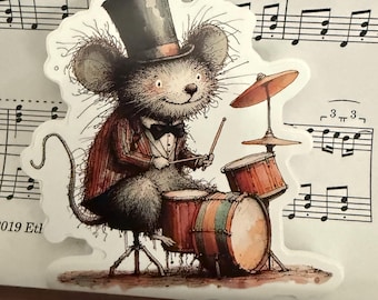 Percussion Sticker- Dapper Drumming Mouse 3”