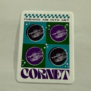 May include: A rectangular sticker with a white background featuring four circular designs with a cornet illustration. The top of the sticker reads "TURNING AIR INTO ART" and the bottom reads "CORNET" in purple text.