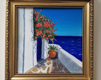Original Mediterranean Painting, Framed Small Canvas Art , Coastal Landscape