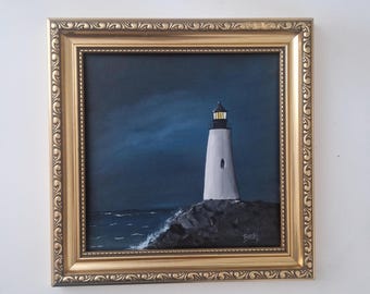 Original Lighthouse Painting, Framed Small Canvas Art , Moody Coastal Wall Decor